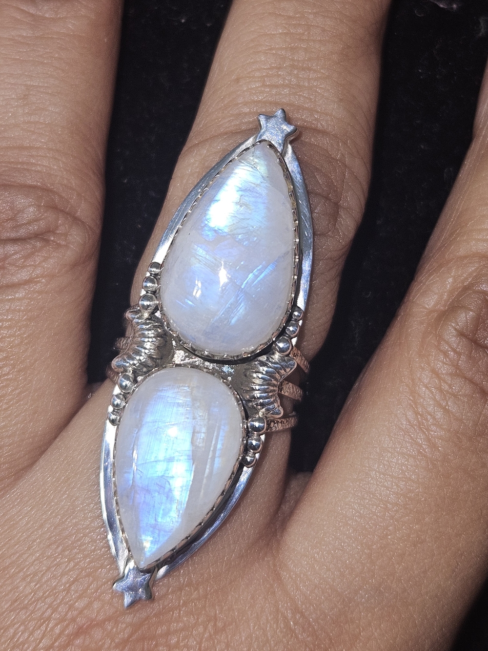 925S Moonstone Double Teardrop Ring - Iridescent White